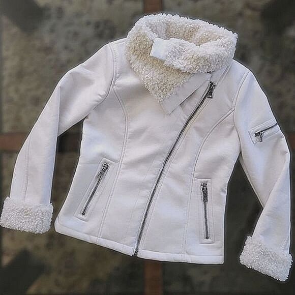Guess ivory faux leather shearling moto jacket size S - Picture 3 of 14